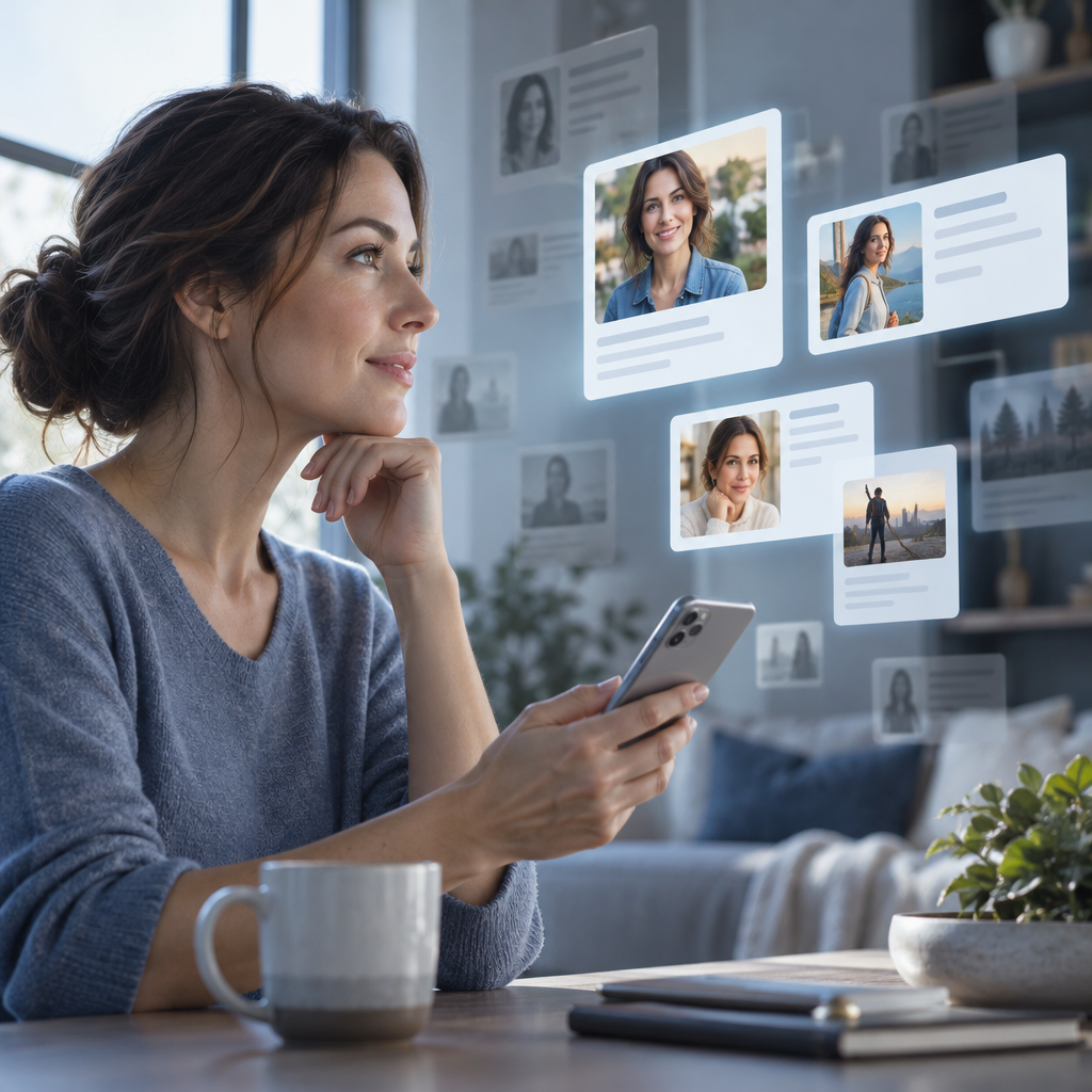 Woman reviewing positive search results about herself on her phone, representing private person online reputation management
